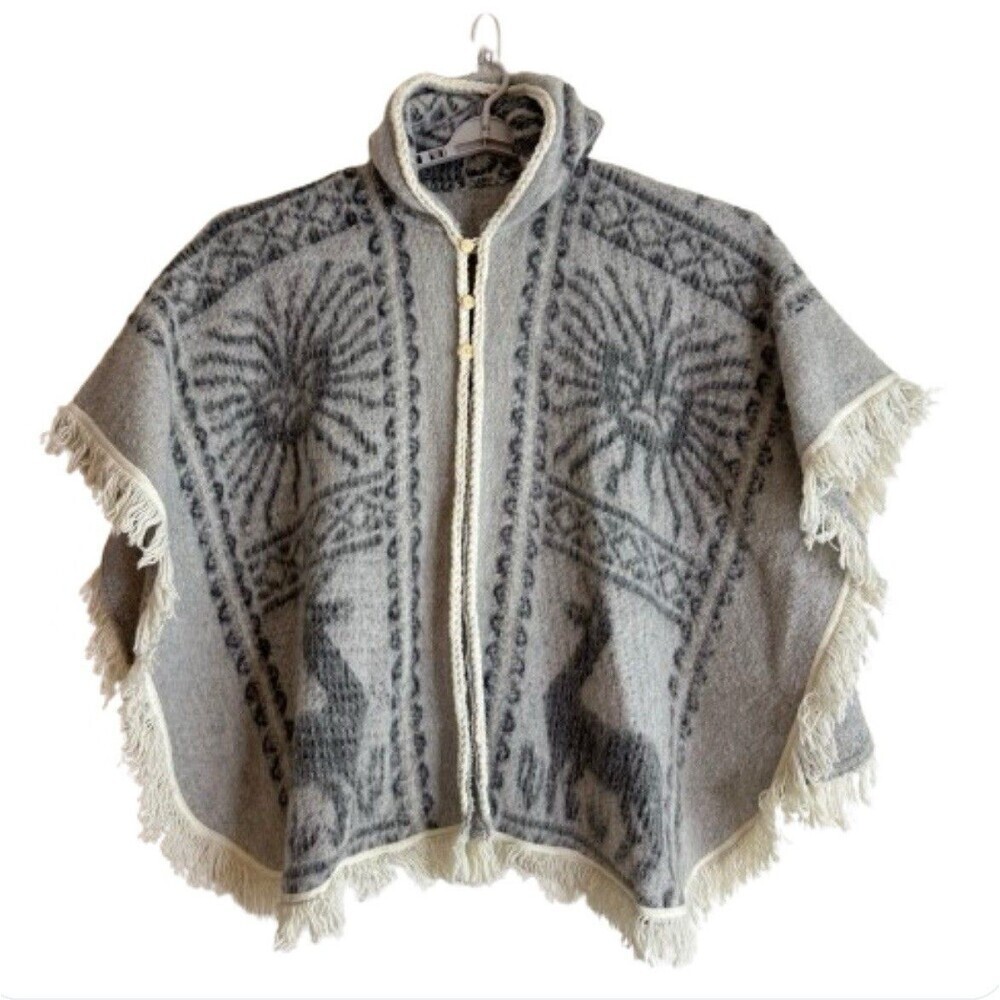 Vintage Alpaca Wool Poncho Cape Hooded Llama Fringe Peru Handmade Boho OS